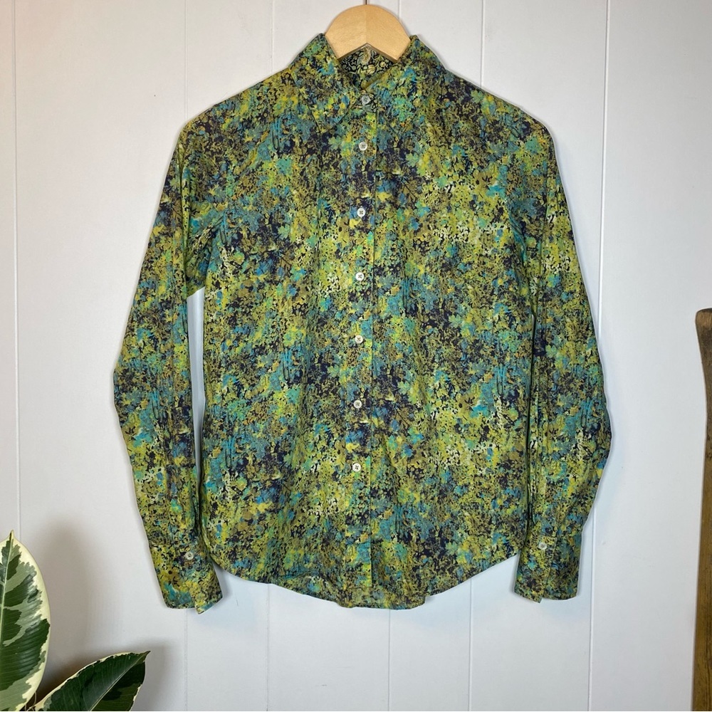 Liberty Art Fabrics Green Patterned Shirt Button Down Collar Birds Floral Blue
